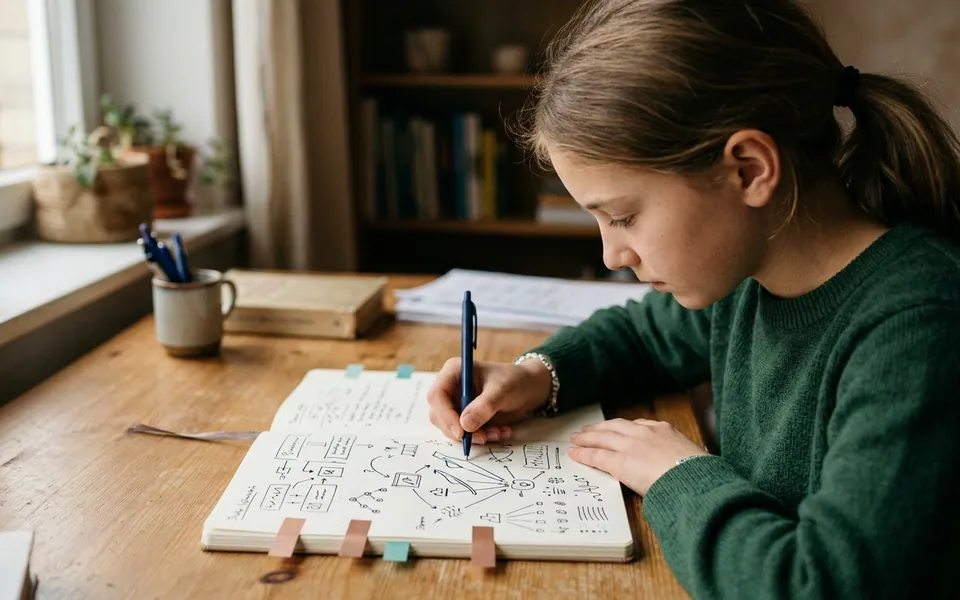 Ders dinlerken defterine başlıklar ve şematik özetler çıkaran öğrenci
